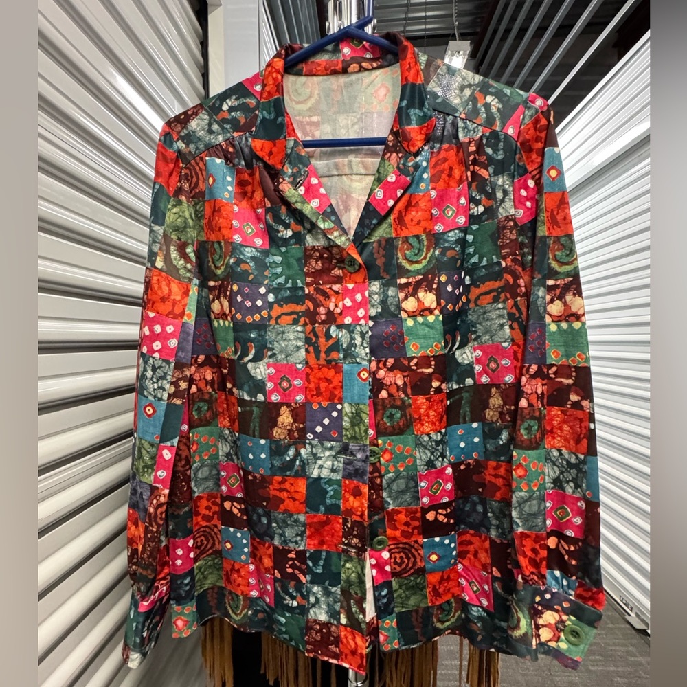 Patchwork Women's Blouse with Red and Green Accents